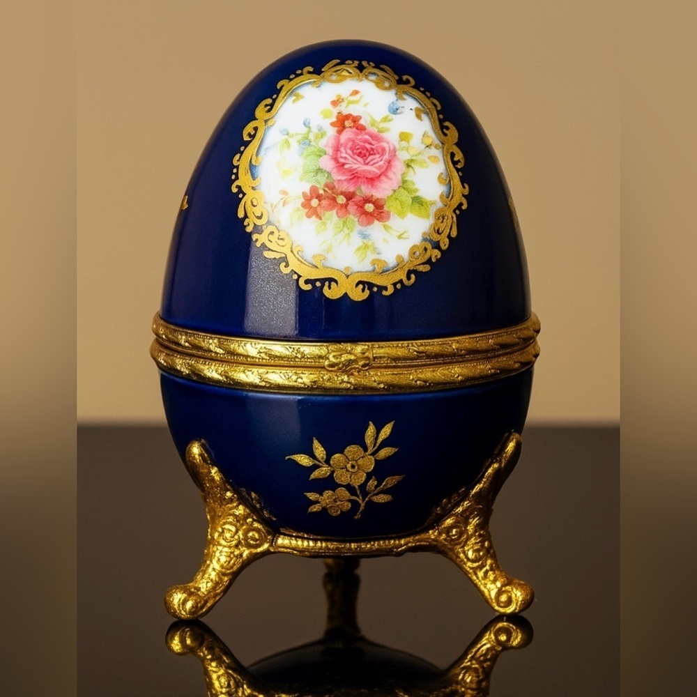Splendid Blue Floral Egg Music Box Jewelry Box Plays Memory from Cats